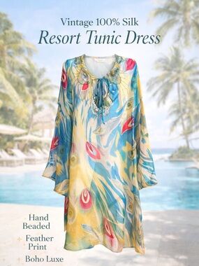 Vintage Anis A 100% Silk Tunic Dress L Beaded Feather Print Boho Resort Luxe